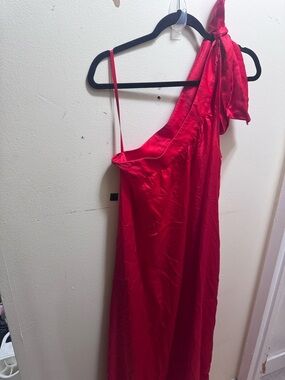 Free People Red One-Shoulder Satin Slip Dress with Shoulder Tie size large